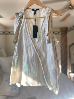BCBG Striped V-Neck Tie-Shoulder Top